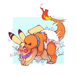 all_fours anthro bent_tail black_nose blue_background blue_collar blush bodily_fluids border buttplug buttplug_vibrator cheek_spots claws clean_diaper clothed clothing collar collar_tag diaper diaper_sex doggystyle drooling duo eyes_closed fire flaming_tail flying_sweatdrops from_behind_position humping male male/male moan motion_blur motion_lines name_tag one_eye_closed open_mouth orange_body orange_tail plug_(sex_toy) purple_collar purple_ears saliva sex sex_toy simple_background sound_effects sweat sweatdrop tail tail_motion tongue tongue_out vibrating_diaper vibrator vowelless vowelless_sound_effect wearing_diaper white_border yellow_body yellow_ears yellow_tail cinnamonbeehive nintendo pokemon drakethecharmander_(character) plum_(cinnamonbeehive) charmander generation_1_pokemon pikachu pokemon_(species) hi_res
