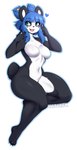 2023 anthro artist_name bear blue_hair breasts claws conditional_dnp fangs featureless_breasts female full-length_portrait giant_panda green_eyes hair hi_res mammal navel nuwa_nightstone one_leg_up open_mouth portrait raised_leg smile solo tail teeth teranen