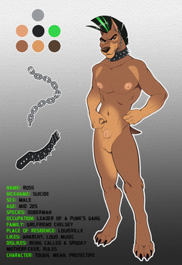 4_toes 5_fingers alternative_fashion animal_genitalia anthro balls black_hair blonde_highlights brown_body brown_fur brown_nose chain chain_in_mouth chain_piercing claws collar collar_only color_swatch facial_chain_piercing feet finger_claws fingers fur genitals hair highlights_(coloring) hindpaw humanoid_hands male mohawk navel nipples nude nude_anthro nude_male paws piercing punk sheath smile solo spiked_collar spikes standing tail text toe_claws toes wearing_collar lustrum suicide_(lustrum) canid canine canis dobermann domestic_dog mammal pinscher character_name hi_res model_sheet