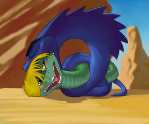 bite blonde_hair blue_body blush blush_lines coiling coiling_another coiling_around_body desert duo eyes_closed fangs feral feral_on_feral green_body green_eyes hair male male/male open_mouth outside sky snake_hood tail teeth tongue casthesnake sahara_(movie) ajar_(sahara) gary_(sahara) cobra reptile scalie snake hi_res
