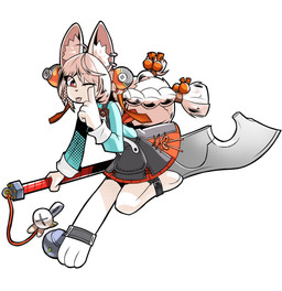 anthro barefoot bell biped braided_hair braided_pigtails clothed clothed_anthro clothed_female clothing ear_piercing feet female female_anthro fur hair holding_melee_weapon holding_object holding_sword holding_weapon inner_ear_fluff looking_at_viewer melee_weapon one_eye_closed one_leg_up piercing pigtails pink_body pink_fur pink_hair raised_leg red_eyes simple_background solo sword tongue tongue_out tuft twin_braids weapon white_background wink gatonejo mihoyo zenless_zone_zero zhao_(zenless_zone_zero) lagomorph leporid mammal rabbit thiren 2026 absurd_res hi_res
