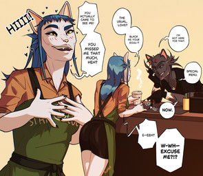 anthro barista beverage blue_hair blush claws clothed clothing coffee coffee_shop container cup dialogue duo female fur furniture gesture hair hand_gesture handwear jewelry male mitten_hands mittens open_mouth red_eyes simple_background smile speech_bubble standing teeth text topwear white_body yellow_eyes coca star_cocks coca_meza requiem_etsu domestic_cat felid feline felis mammal 2025 colored comic digital_drawing_(artwork) digital_media_(artwork) english_text hi_res shaded signature