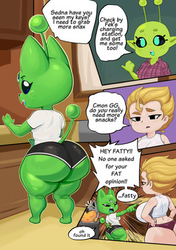 anthro big_butt biped blonde_hair bottomwear breasts butt cartoon_freckles clothed clothing dialogue eyelashes female freckled_face freckles glistening glistening_body green_body hair long_eyelashes pupils shirt shorts smile speech_bubble text thick_thighs topwear nebssik alien alien_humanoid felid feline human humanoid mammal absurd_res comic english_text hi_res