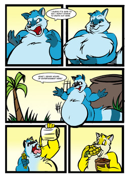 anthro beverage blue_body blue_fur blue_stripes cake candy cauldron chocolate chocolate_cake color_change corn corn_on_the_cob dessert dialogue eating fangs food fupa fur grass lemonade male multicolored_body multicolored_fur overweight overweight_anthro overweight_male palm_tree pink_tongue plant red_insides sharp_teeth solo speech_bubble stripes stuffing teeth text tongue tree white_stripes yellow_body yellow_fur dutch_(artist) mammal procyonid raccoon 2011 colored comic english_text