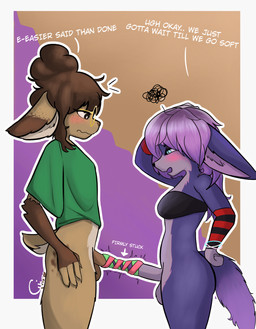 annoyed anthro balls blue_eyes blush bottomless bottomless_gynomorph bottomless_intersex bottomless_male bra breasts brown_eyes brown_hair chinese_finger_trap clothed clothing confusion duo embarrassed eyelashes eyewear femboy fingerless_(marking) fingerless_gloves_(marking) floppy_ears freckled_arms freckled_ears freckled_face freckles genitals glasses gloves_(marking) gynomorph gynomorph/male hair intersex intersex/male long_ears long_eyelashes long_hair long_tail male markings motion_lines neon_lights outline oversized_t-shirt pattern_clothing penis purple_hair simple_background size_difference small_tail sports_bra spots spotted_hips standing striped_clothing stripes stuck stuck_genitals stuck_penis stuck_together tail text underwear white_outline cappuchino canid canine fennec_fox fox lagomorph leporid mammal rabbit true_fox absurd_res english_text hi_res watermark