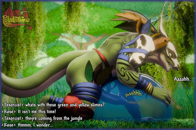 ambiguous_gender anthro bodily_fluids bone bone_mask clothed clothing dialogue duo feathers genital_fluids genitals grass male mask onomatopoeia open_mouth outside partially_clothed peeing peeing_in_slime peeing_inside penis plant relieved skull skull_mask sound_effects tail text text_box urine watersports potatotime briganfi_(modeler) terraria witch_doctor_(terraria) goo_creature lihzahrd lizard reptile scalie slime_(blob) 3d_(artwork) blender_(artwork) digital_media_(artwork) english_text hi_res watermark