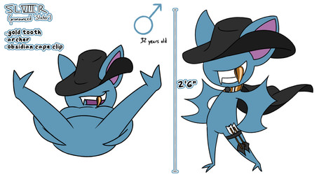anthro arrow_(weapon) cape clothing eyeless featureless_crotch gold_(metal) gold_tooth hat headgear headwear male ranged_weapon short solo text weapon aaron_amethyst nintendo pokemon slviiir_(aaron_amethyst) generation_1_pokemon pokemon_(species) zubat 16:9 absurd_res english_text hi_res widescreen