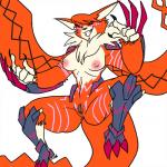 anthro anus armor bangs breasts claw_(weapon) clawed_vambrace claws female fur genitals hair markings melee_weapon nipples orange_body orange_fur pupils purple_markings pussy red_claws red_eyes sharp_teeth smile smiling_at_viewer solo teeth tendrils thick_thighs unusual_pupils vambrace weapon white_body white_fur nat-cha bandai_namco digimon digimon_(species) felid mammal meicrackmon meicrackmon_vicious_mode 1:1 hi_res