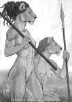 anthro casual_nudity crouching day detailed_background duo female holding_object holding_weapon melee_weapon nude polearm spear tribal weapon weapon_on_shoulder anisis felid lion mammal pantherine 2018 digital_media_(artwork) monochrome