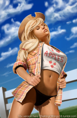 accessory alternate_species apple applejack_(mlp) blonde_hair clothing cloud cowboy_hat eyes_closed female fence food freckles friendship_is_magic fruit grandfathered_content hair hair_accessory hairband hasbro hat headgear headwear hi_res human human_only humanized mammal midriff my_little_pony navel not_furry outside panties plant sky solo text thekingofkings18 underwear url