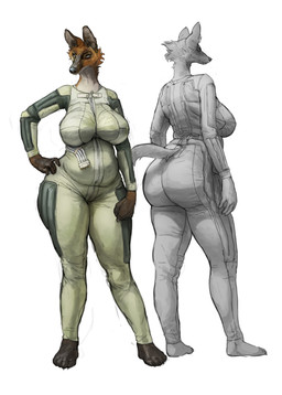 anthro barefoot belly big_breasts big_butt big_ears bodysuit breasts butt clothed clothing duo feet female front_view fur green_clothing green_suit hand_on_hip looking_aside orange_body orange_fur rear_view simple_background skinsuit slightly_chubby slightly_chubby_anthro slightly_chubby_female solo spacesuit standing suit tail tight_clothing turnaround white_background wide_hips zipper cettus lien_van_broek canid canine mammal maned_wolf 2025 absurd_res greyscale hi_res monochrome