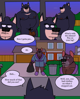 anthro bag balls bathrobe black_body black_outline body_hair brown_body building car_interior caught chest_hair clothing dialogue eyebrows facial_hair five_o'clock_shadow footwear foreskin fur genitals group house inside_vehicle male mature_male muscular muscular_male mustache outdoor_nudity outline overweight penis pubes robe shoes slippers speech_bubble sunset tail tan_body tan_fur text thick_eyebrows trash_bag trash_can trio eddicus edgar_(eddicus) joel_(eddicus) keith_(eddicus) canid canine canis domestic_dog husky mammal nordic_sled_dog spitz absurd_res comic english_text hi_res brother_(lore) brothers_(lore) sibling_(lore)