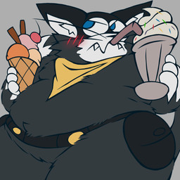 anthro back_rolls belly belly_overhang belt beverage black_body black_fur black_nose blue_eyes blush breasts cherry clothing container cup dessert drinking drinking_straw embarrassed fangs fat_rolls fluffy food fruit fur handkerchief holding_object ice_cream ice_cream_cone kerchief looking_away male markings mask milkshake moobs mouth_closed overweight overweight_male plant shortstack shortstack_male solo sprinkles tail tail_markings teeth utility_belt weight_gain whiskers white_body white_fur yellow_clothing justwatchingthings atlus fattytober megami_tensei persona_(series) persona_5 sega morgana_(persona) domestic_cat felid feline felis mammal tuxedo_cat 1:1 2025 digital_media_(artwork) hi_res