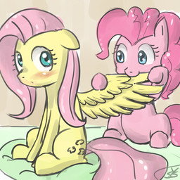 allopreening blue_eyes blush cutie_mark duo feather_preening feathered_wings feathers female feral fur hair personal_grooming pink_body pink_fur pink_hair simple_background social_grooming tail wings yellow_body yellow_feathers yellow_fur speccysy friendship_is_magic hasbro my_little_pony mythology fluttershy_(mlp) pinkie_pie_(mlp) earth_pony equid equine horse mammal mythological_creature mythological_equine pegasus pony 1:1 source_request