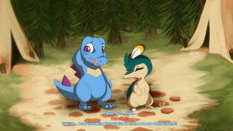3_toes dialogue dirt duo evergreen_tree fangs feathers feet female feral forest grass head_tuft male open_mouth pine_tree plant purple_eyes scar tail tail_feathers teeth tent text toes tongue tree tuft spacesmilodon nintendo pokemon cyndaquil generation_2_pokemon pokemon_(species) totodile 2014 english_text hi_res