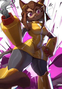 anthro arm_cannon big_breasts breasts brown_body brown_hair eyebrows eyelashes eyewear eyewear_on_head female goggles goggles_on_head hair hand_on_hip magenta_eyes ranged_weapon smile solo thick_thighs weapon weapon_arm whiskers wide_hips zhuizha311 gameoverse glitch_productions kit_bodega domestic_cat felid feline felis mammal 2026 absurd_res hi_res