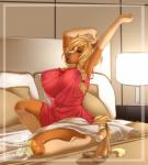 anthro areola arms_above_head babydoll bed bed_sheet bedding bedroom big_breasts biped blonde_hair border braided_hair breasts brown_body brown_fur clothed clothing eyes_closed female fur furniture hair half-closed_eyes huge_breasts inside lamp narrowed_eyes navel nightgown nipple_outline nipples on_bed open_mouth panties pigtails pillow plushie sitting solo stretching translucent translucent_clothing underwear yawn scuttlebutters elaine_(furryjibe) bovid bovine equid equine horse mammal 2014 hi_res watermark