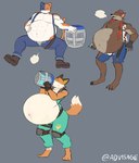 3_toes 5_fingers :3 abs accessory anthro belly belly_blush belly_expansion belly_inflation belt beverage big_belly black_nose blue_bottomwear blue_clothing blue_jeans blue_pants blush bodily_fluids body_blush boots bottomwear brown_belly brown_body brown_fur bulge burp_cloud burping chug_jug chug_jug_expansion claws clothing cuffed_jeans denim denim_bottomwear denim_clothing dipstick_tail drinking expansion eyes_closed fangs feet fingerless_gloves fingers footwear fur gloves group hand_on_belly handwear headband holding_beverage holding_object inflation jeans liquid_inflation male markings musclegut muscular muscular_anthro muscular_male navel no_pupils open_belt open_mouth orange_body orange_fur orange_sclera outie_navel overweight overweight_anthro overweight_male pants pecs pink_tongue shoes shorts sitting standing stuffing sweat sweatdrop tail tail_markings teeth toes tongue torn_bottomwear torn_clothing torn_shorts trio unbuttoned_pants white_belly white_tail_tip wraps v1sage epic_games fortnite dire_(fortnite) fennix_(fortnite) meowscles calico_cat canid canine canis domestic_cat felid feline felis fox mammal red_fox true_fox wolf absurd_res hi_res