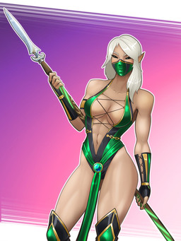 big_breasts blush breasts clothing colored_nails cosplay crossover_cosplay eyelashes female front_view gradient_background green_clothing green_nails grey_hair hair holding_melee_weapon holding_object holding_polearm holding_spear holding_weapon humanoid_pointy_ears mask melee_weapon nails navel pink_background pointy_ears polearm purple_background simple_background solo spear tan_body tan_skin thick_thighs weapon wide_hips spacemaxmarine vermintide warhammer_(franchise) warhammer_fantasy jade_(mortal_kombat) kerillian elf humanoid wood_elf crossover hi_res