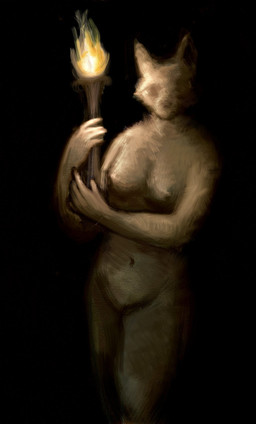 anthro breasts darkness ears_up featureless_crotch female fur holding_object holding_torch navel nipples nude nude_anthro nude_female solo torch torch_light white_body white_fur reynard_goodfellow canid canine canis mammal wolf hi_res