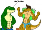 2013 abs anthro belt biceps bottomwear brown_body brown_skin claws clothed clothing comic dinosaur duo extinct fangs flexing green_body green_skin hair hi_res human jonathan_alexander male mammal maxime-jeanne muscular pants pecs pose prehistoric_species reptile scales scalie shirt shorts simple_background tail teeth theropod thomas_carter topless topwear torn_clothing transformation tyrannosaurid tyrannosauroid tyrannosaurus tyrannosaurus_rex vein white_background