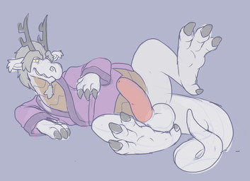 4_fingers 4_toes animal_genitalia anisodactyl anthro balls beard biped bottomless braided_hair claws clothed clothing elderly erection facial_hair feet fingers genitals goatee grey_hair hair horn looking_at_viewer lying male mature_anthro mature_male on_side penis presenting presenting_penis purple_clothing raised_leg robe sheath solo tail talons toes white_body white_skin yellow_eyes blueballs little_witch_academia mythology studio_trigger fafnir_(little_witch_academia) dragon mythological_creature mythological_scalie scalie 2018