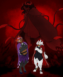 ambiguous_gender bell bell_belt bell_collar black_body black_fur blade blue_claws bottomless claws clothed clothing collar crossed_arms digitigrade duo fur group hair hooves horn long_hair male pantsless pink_eyes pink_hair red_eyes red_horn shawl shirt shirt_only shirtless silhouette skirt_only tail tail_blade topwear topwear_only trio weapon_tail white_body white_fur white_hair wool_(fur) puppetmaster13uwu cult_of_the_lamb demon_slayer jujutsu_kaisen kimetsu_no_yaiba massive_monster_(studio) muzan_kibutsuji sukuna_(jujutsu_kaisen) animal_humanoid bovid bovid_humanoid caprine caprine_humanoid goat_humanoid humanoid mammal mammal_humanoid sheep_humanoid