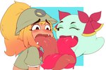 blonde_hair blush clothed clothing duo female female/female french_kissing hair huge_tongue humanoidized kissing licking_tongue long_tongue multicolored_hair not_furry one_eye_closed open_mouth open_smile orange_hair simple_background smile tongue tongue_out two_tone_hair wink lurkin mario_bros nintendo paper_mario paper_mario:_the_thousand_year_door goombella lady_bow boo_(mario) goomba humanoid 2024 3:2 hi_res