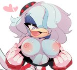 anthro beak bodily_fluids breasts clothed clothing eyeshadow female flashing gloves hair hair_over_eye handwear heart_symbol makeup nipples non-mammal_breasts non-mammal_nipples one_eye_obstructed open_mouth partially_clothed solo sweat reloadaze sega sonic_the_hedgehog_(series) fan_character skye_the_bluebird avian bird bluebird oscine passerine thrush_(bird) hi_res
