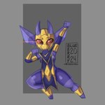 1:1 2024 2_horns absurd_res armor blueberrygrizzly breasts clothing female gold_(metal) gold_jewelry grey_background hair hi_res horn humanoid humanoid_pointy_ears imp ineffective_clothing jewelry mask nipples purple_body purple_hair purple_nipples simple_background small_breasts solo standing tome_imp vambrace wearing_mask