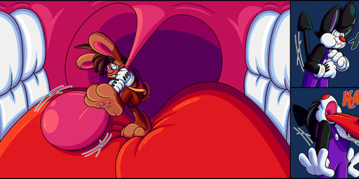 3_toes 4_fingers anthro big_feet big_tongue cartoon_gloves cartoon_physics cheek_bulge curling_toes duo feet fingers inside_mouth macro male male/male mawplay micro open_mouth pawpads paws red_tongue size_difference soft_vore soles tail toes tongue tongue_out toony toony_expression toony_moment uvula uvula_grab uvula_play vore whiskers marquis2007 herman_(marquis2007) roderick_(tamerkoh) imp lagomorph leporid mammal rabbit absurd_res hi_res
