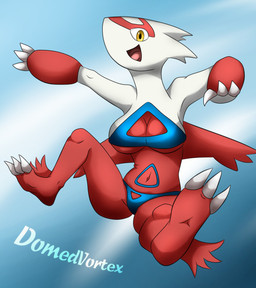anthro big_breasts bikini blue_clothing blue_swimwear breasts claws cleavage_cutout clothing cutout female looking_at_viewer midair navel open_mouth open_smile pattern_background purple_background red_body simple_background smile solo swimwear text two-piece_swimsuit under_boob white_body wings yellow_eyes domedvortex nintendo pokemon generation_3_pokemon latias legendary_pokemon pokemon_(species) artist_name hi_res