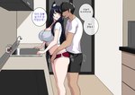 big_breasts black_hair blush bottomwear breasts cleavage clothed clothing dialogue duo female hair kitchen male male/female shorts text hellap league_of_legends riot_games tencent ahri_(lol) animal_humanoid human humanoid mammal korean_text translation_request