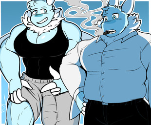 anthro barazoku big_muscles big_pecs big_penis bottomwear bulge cigar clothed clothing erection erection_under_clothing genitals grin huge_pecs looking_down male muscular muscular_male muscular_thighs neck_tuft pants pecs penis sharp_teeth smile smoking smoking_cigar solo teeth thick_thighs tight_clothing tuft wings susieruu lionel_(fluffedwings) arthropod insect lepidopteran moth absurd_res hi_res