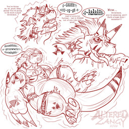 anthro belly bodily_fluids breath claws clothing dialogue drooling eyewear female glasses growth hair horn horn_growth human_to_anthro loss_of_speech markings offscreen_character overweight pecs saliva sharp_teeth snout snout_growth solo species_transformation tail teeth text three_frame_image three_frame_sequence tongue tongue_out torn_clothing transformation transformation_sequence weight_gain altered-zangy bandai_namco digimon digimon_(species) growlmon reptile scalie 1:1 2026 digital_drawing_(artwork) digital_media_(artwork) english_text guide_lines hi_res sequence sketch