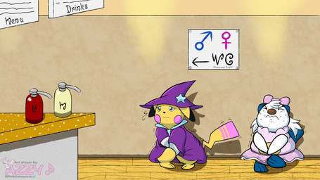 bivalve_shell blue_body bow_(feature) brown_nose clothing counter dipstick_ears dipstick_tail dress ear_markings ears_down eyes_closed female floor grey_eyes head_tuft holding_crotch mage_hat mage_robe markings menu mollusk_shell multicolored_ears pigtails pink_tail_tip pivoted_ears potty_dance restaurant rosy_cheeks shaking shell sign tail tail_markings trembling tuft whisker_spots white_body wood wood_floor yellow_body pinkoshawott nintendo pokemon azzy_(pinkoshawott) generation_1_pokemon generation_5_pokemon mammal mustelid oshawott otter pikachu pokemon_(species) rodent 16:9 2023 widescreen