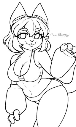 anthro big_breasts big_butt bikini breasts brown_hair butt clothing eyewear eyewear_on_head female glasses glasses_on_head hair hand_on_leg hand_on_thigh navel pointy_ears pose robotic_arm short_hair solo swimwear tail thick_thighs tongue tongue_out two-piece_swimsuit gleicinha_pum gameoverse glitch_productions kit_bodega domestic_cat felid feline felis human humanoid hybrid mammal absurd_res hi_res monochrome pinup