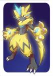 3_toes 4_fingers abs ambiguous_gender anthro biped blue_eyes claws electricity feet fingers fur multicolored_body multicolored_fur open_mouth simple_background solo standing toe_claws toes kicktyan nintendo pokemon felid generation_7_pokemon legendary_pokemon mammal pokemon_(species) zeraora 2018 digital_media_(artwork) hi_res