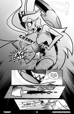 blood bodily_fluids clothed clothing cocky_smile crown dagger dialogue female fully_clothed glare headgear horn inside laughing_at_another male melee_weapon pain profanity shocked stab stab_wound text tiara weapon elcee_rod hazbin_hotel hellaverse adam_(hazbin_hotel) lilith_magne_(hazbin_hotel) angel demon demon_humanoid horned_humanoid humanoid comic english_text hi_res monochrome