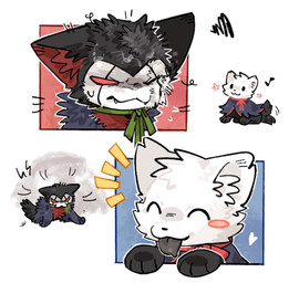 ambiguous_gender black_body black_eyes black_fur black_nose bodily_fluids closed_smile duo empty_eyes eyes_closed feral fur heart_symbol inner_ear_fluff mouth_closed musical_note musical_symbol one_eye_closed paws quadruped red_body red_eyes red_fur smile sweat sweatdrop symbol tongue tongue_out tuft wet white_body white_fur white_heart aaasakawa hollow_knight_(franchise) team_cherry grimmchild_(hollow_knight) the_knight_(hollow_knight) canid canine felid feline mammal 2026