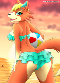 anthro ball beach beach_ball big_butt bikini blonde_hair breasts butt butt_pose cheek_tuft clothed clothing cloud dipstick_tail exposure_variation facial_markings facial_tuft female fluffy fluffy_tail frilly frilly_clothing fur gloves_(marking) green_clothing green_eyes hair head_markings inflatable inner_ear_fluff looking_at_viewer looking_back markings multicolored_body multicolored_fur muzzle_(marking) orange_body orange_fur pose raised_tail sea seaside shark_fin skimpy snout snout_markings solo sunset swimwear tail tail_markings thick_thighs tuft two-piece_swimsuit water wide_hipped_female wide_hips yellow_body yellow_fur diamondstorm animal_crossing nintendo audie_(animal_crossing) canid canine canis mammal wolf hi_res story story_in_description