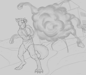 anthro bared_teeth bound cheek_tuft clothed clothing digitigrade explosion facial_tuft hands_tied male male_anthro narrowed_eyes neck_tuft outside restraints solo standing straitjacket tuft aduran nix_(umbransage) canid canine mammal hi_res monochrome sketch