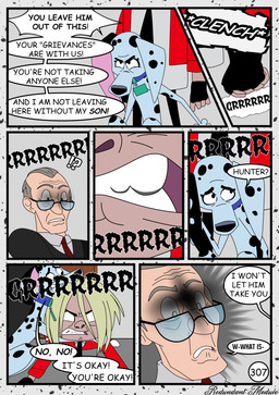 angry black_spots dialogue female feral fur group male speech_bubble spots text trio white_body white_eyes white_fur redundantmodule 101_dalmatian_street 101_dalmatians disney alfred_bright delilah_(101_dalmatians) hunter_de_vil canid canine canis dalmatian domestic_dog human mammal comic english_text hi_res