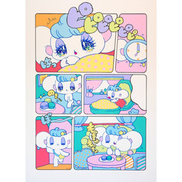 accessory alarm_clock alternative_fashion ambiguous_gender anthro bed big_ears big_eyes big_head blue_hair cheek_bulge chibi clock container cookie cup curtains detailed_background door doorway eating eating_food eyelashes eyes_closed fairy_kei food frilly furniture glistening glistening_eyes hair hair_accessory hairclip j-fashion kemono lidded_eyes macaron_(food) mug on_bed on_model open_mouth picture_frame pillow plushie round_ears smile sofa solo sparkles sparkling_eyes star superflat table tail tail_tuft teddy_bear text tuft under_covers walking white_body window yawn yurie_sekiya peropero_sparkles melo_(peropero_sparkles) alien mammal mouse murid murine rodent 1:1 colorful_theme comic hi_res japanese_text official_art pastel_theme