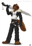 anthro biped blue_eyes brown_body brown_fur brown_hair fur gunblade hair holding_melee_weapon holding_object holding_sword holding_weapon jewelry male melee_weapon necklace short_hair solo standing sword tail weapon gideon final_fantasy final_fantasy_viii square_enix squall_leonhart squall_wolfhart canid canine canis mammal wolf 2007 digital_media_(artwork)