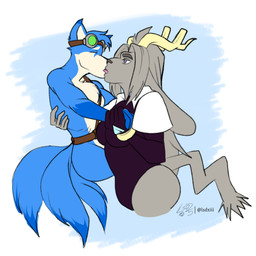 3_tails anthro antlers armwear belt blue_background clothing duo eyewear eyewear_on_head female french_kissing goggles goggles_on_head hand_holding horn kissing larger_female lifting_partner male male/female multi_tail romantic simple_background size_difference smaller_male tail white_background lsdxiii pseudoregalia gilbert_(ss7xeno) sybil_(pseudoregalia) bovid canid canine caprine felid feline fox goat hybrid jackalope lagomorph leporid mammal rabbit 1:1 2025 colored flat_colors hi_res