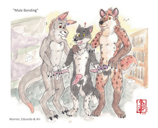 anatomically_correct anatomically_correct_genitalia anatomically_correct_penis anthro balls bodily_fluids circlejerk comparing comparing_penis cum cum_on_penis genital_fluids genitals group group_masturbation interspecies male male/male mastubation masturbation multiple_orgasms mutual_masturbation orgasm penis simple_background simultaneous_orgasms size_difference surprised text tongue tongue_out trio fennec_(artist) eduardo_(kelbalrai) canid canine canis domestic_dog hybrid hyena kangaroo macropod mammal marsupial painting_(artwork) traditional_media_(artwork) watercolor_(artwork)