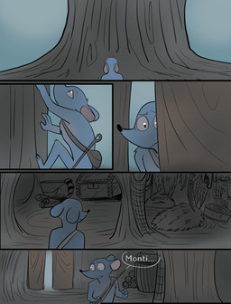 anthro bone can chest_(container) cold container dialogue feathers fur log male melee_weapon name_drop name_in_dialogue partial_speech_bubble plant skull text tree weapon wood yinller angel_in_the_forest larry_(yinller) montimer_(yinller) bat mammal mouse murid murine rodent comic english_text hi_res
