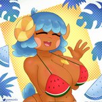 anthro big_breasts bikini breasts cleavage clothed clothing eyes_closed female gesture huge_breasts looking_at_viewer open_mouth open_smile pattern_background simple_background smile solo swimwear two-piece_swimsuit waving gammainks animal_crossing nintendo wendy_(animal_crossing) bovid caprine mammal sheep 1:1 hi_res