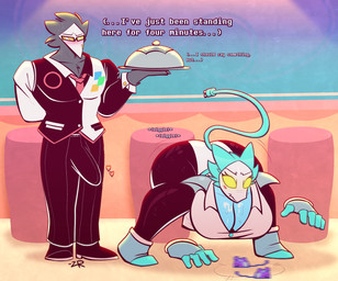 anthro big_breasts big_butt blush bodily_fluids breasts butler butt cleavage clothed clothing duo erection eyewear female formal_wear glasses huge_breasts huge_butt hyper male male/female muscular shaking sweat tail zixzs-redlight deltarune undertale_(series) swatch_(deltarune) tasque_manager avian bird domestic_cat felid feline felis mammal hi_res